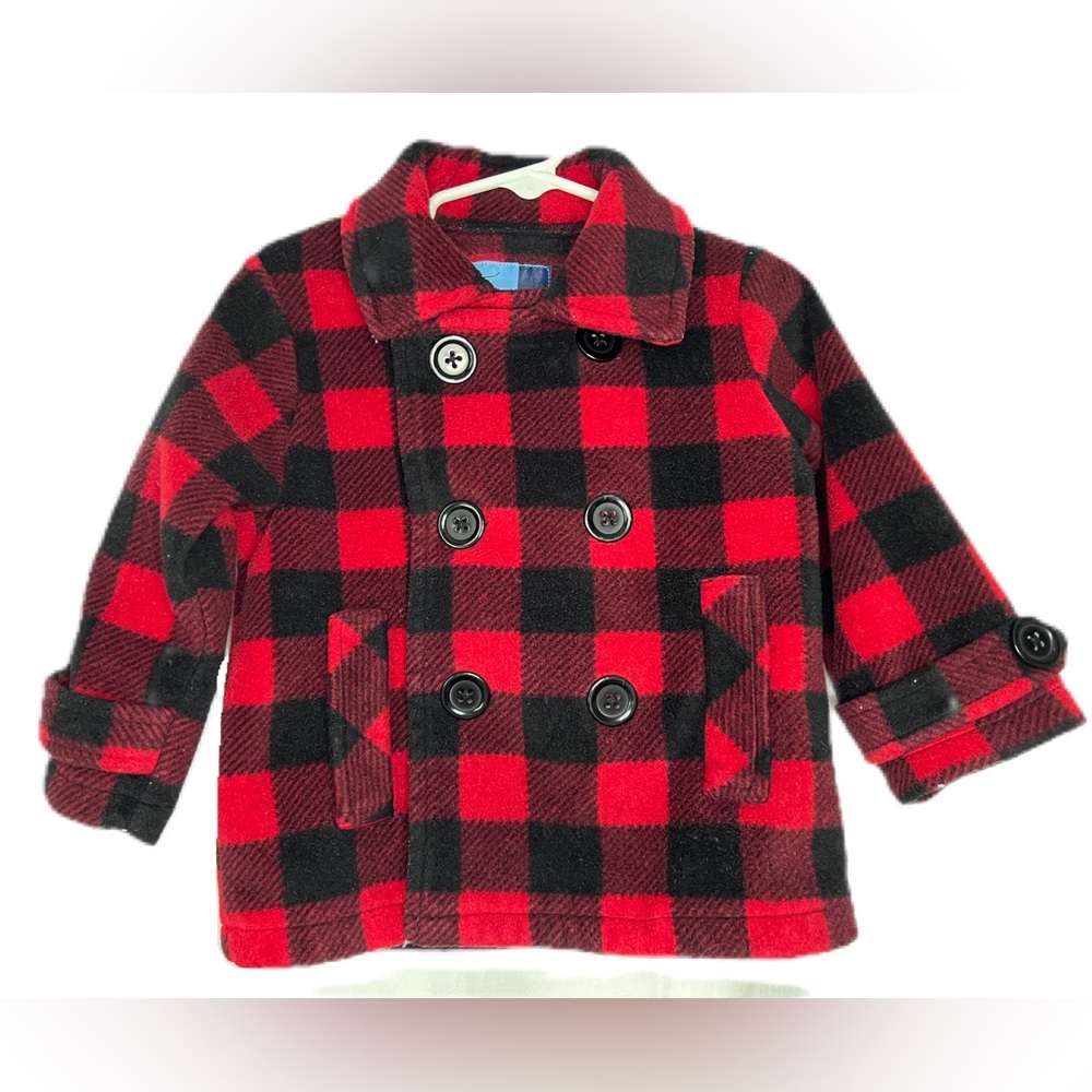 EUC Good lad 2T red & black plaid Fleece peacoat jacket button & Velcro closure
